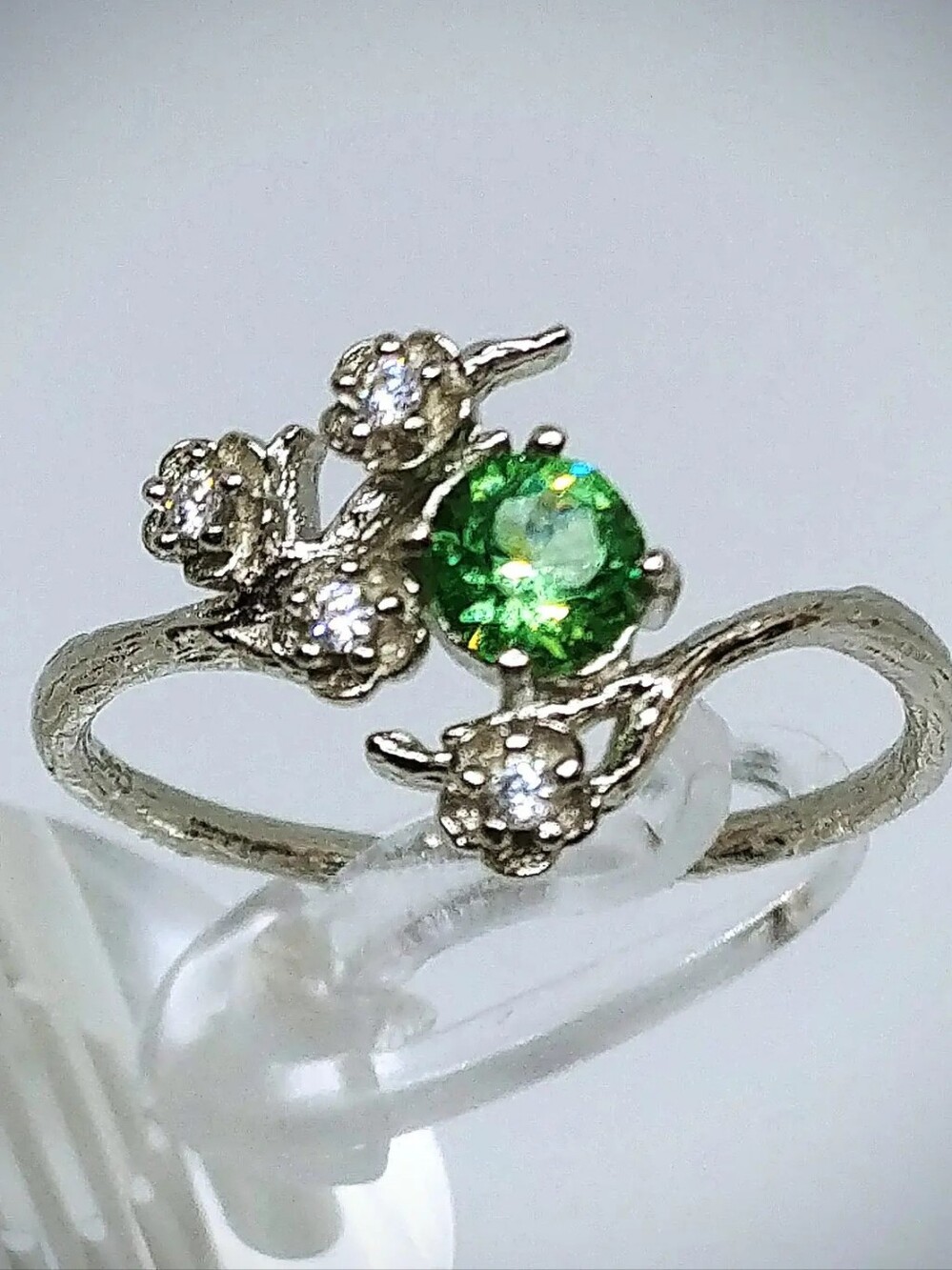 Woodland Branches and Blossoms Vintage Uranium Glass & CZ Ring - Sterling Silver